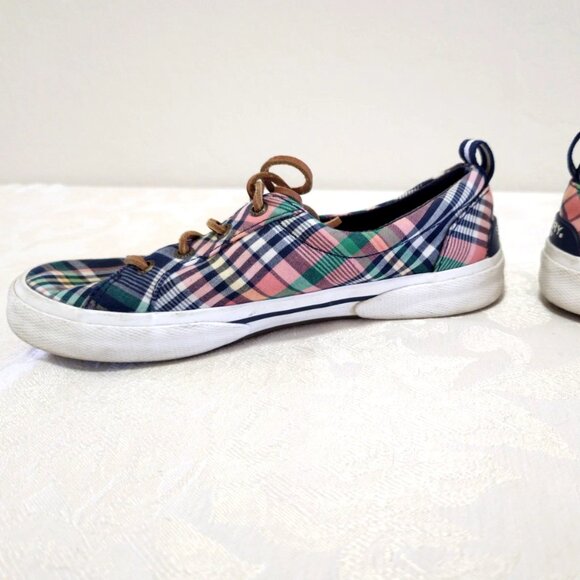 Women SPERRY Canvas Boat Loafers Flats Shoes 6 Plaid Navy Blue Coral Leather Tie - Picture 11 of 12